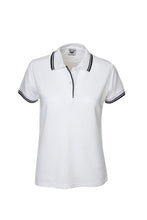 Load image into Gallery viewer, Ladies Pique Polo with Striped Collar and Cuff - White/Navy