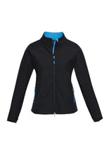 Load image into Gallery viewer, Ladies Premium Contrast Soft Shell Jacket - Black/Cyan