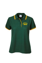 Load image into Gallery viewer, Ladies Pique Polo with Striped Collar and Cuff - Bottle/Gold
