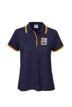 Load image into Gallery viewer, Ladies Pique Polo with Striped Collar and Cuff - Navy/Gold
